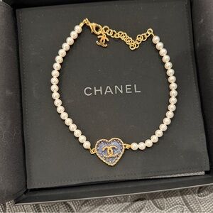 CHANEL Gold and White Pearl Necklace with Blue Heart
